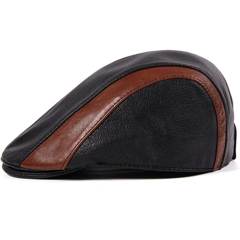 Boina Masculina Couro de Carneiro Marcanzzi MZ277 em preto e marrom, feita em couro legítimo com estilo retrô, conforto premium e acabamento elegante.