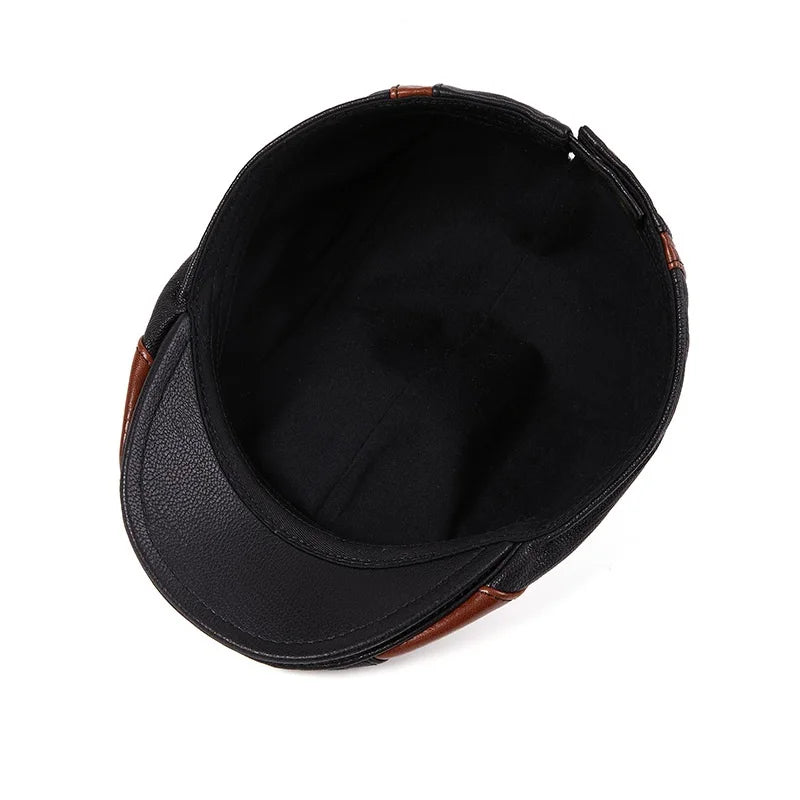 Boina Masculina Couro de Carneiro Marcanzzi MZ277 em preto e marrom, feita em couro legítimo com estilo retrô, conforto premium e acabamento elegante.