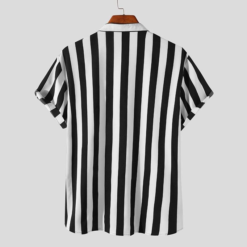 Camisa Manga Curta com Gola Padre Listrada Marcanzzi MZ567 em preto e branco, tecido leve, confortável e design moderno para diferentes estilos.