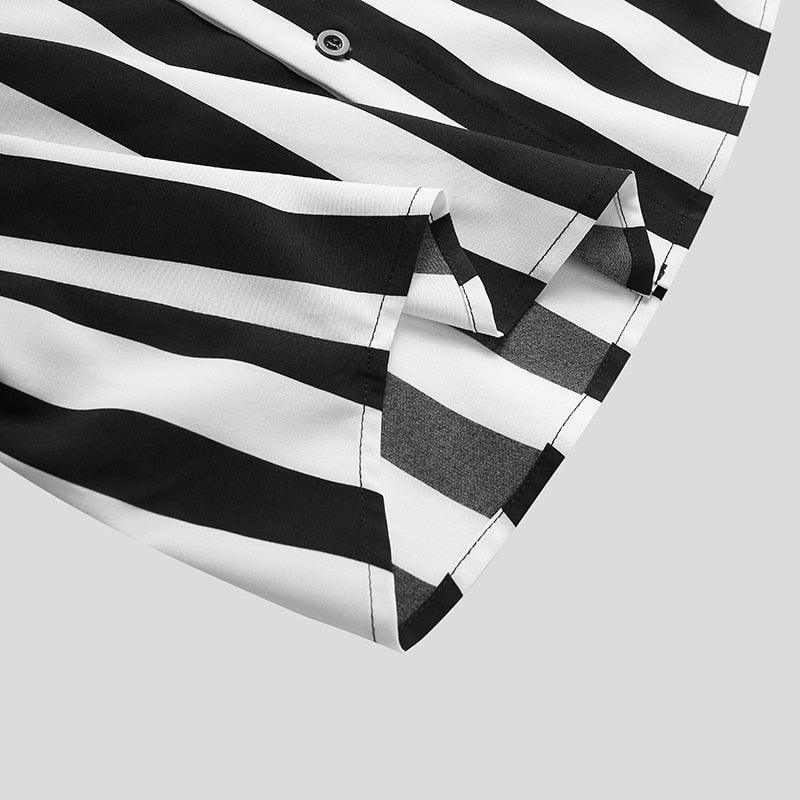 Camisa Manga Curta com Gola Padre Listrada Marcanzzi MZ567 em preto e branco, tecido leve, confortável e design moderno para diferentes estilos.