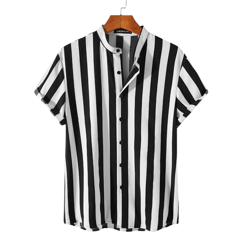 Camisa Manga Curta com Gola Padre Listrada Marcanzzi MZ567 em preto e branco, tecido leve, confortável e design moderno para diferentes estilos.