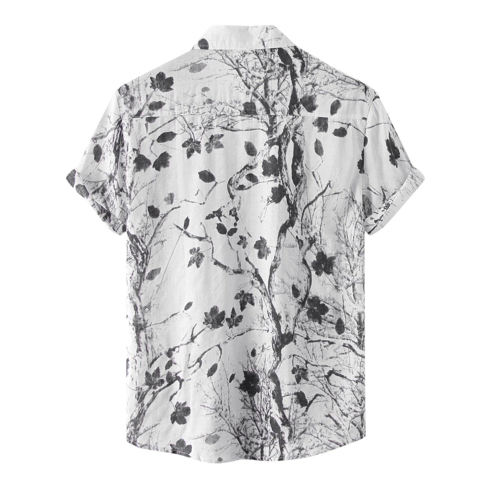 Camisa Manga Curta Estampada Marcanzzi Floral MZ569 branca com estampa floral preta, tecido leve e respirável, caimento confortável e moderno.