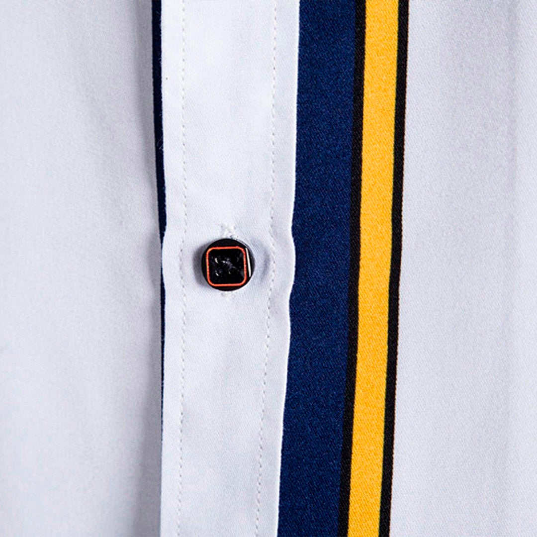 Camisa Manga Curta Listrada Marcanzzi Navy MZ595 em azul, branco e amarelo, com tecido leve, caimento confortável e estilo versátil para o dia a dia.
