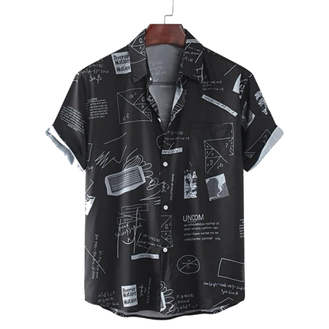 Camisa Manga Curta Marcanzzi Nation MZ584 preta com estampa branca criativa, tecido leve e confortável, estilo moderno e versátil para diferentes produções.