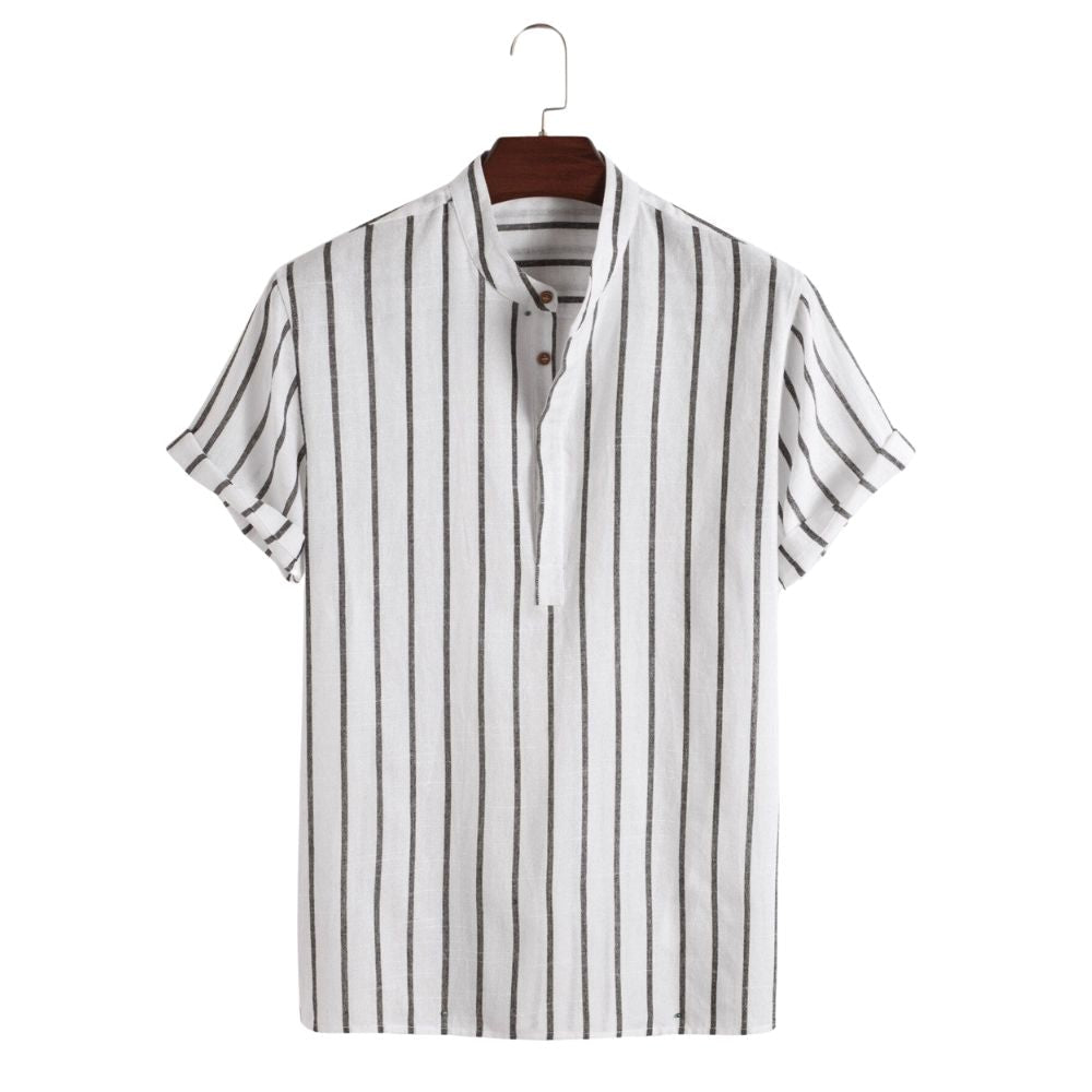 Camisa Manga Curta Marcanzzi Sierra MZ589 listrada em cores variadas, tecido leve e confortável, ideal para looks casuais e sofisticados.