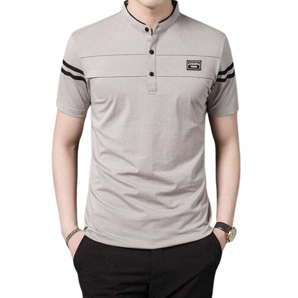 Camisa Polo Masculina Romenzi Elite RZ080, confeccionada em algodão e poliéster, com design versátil, ideal para o dia a dia e ocasiões elegantes.