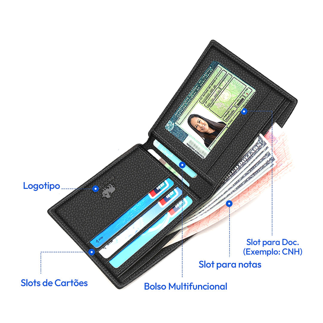 Carteira Masculina de Couro Marcanzzi MZ487 em couro legítimo, acabamento refinado, compartimentos práticos e proteção RFID contra fraudes.