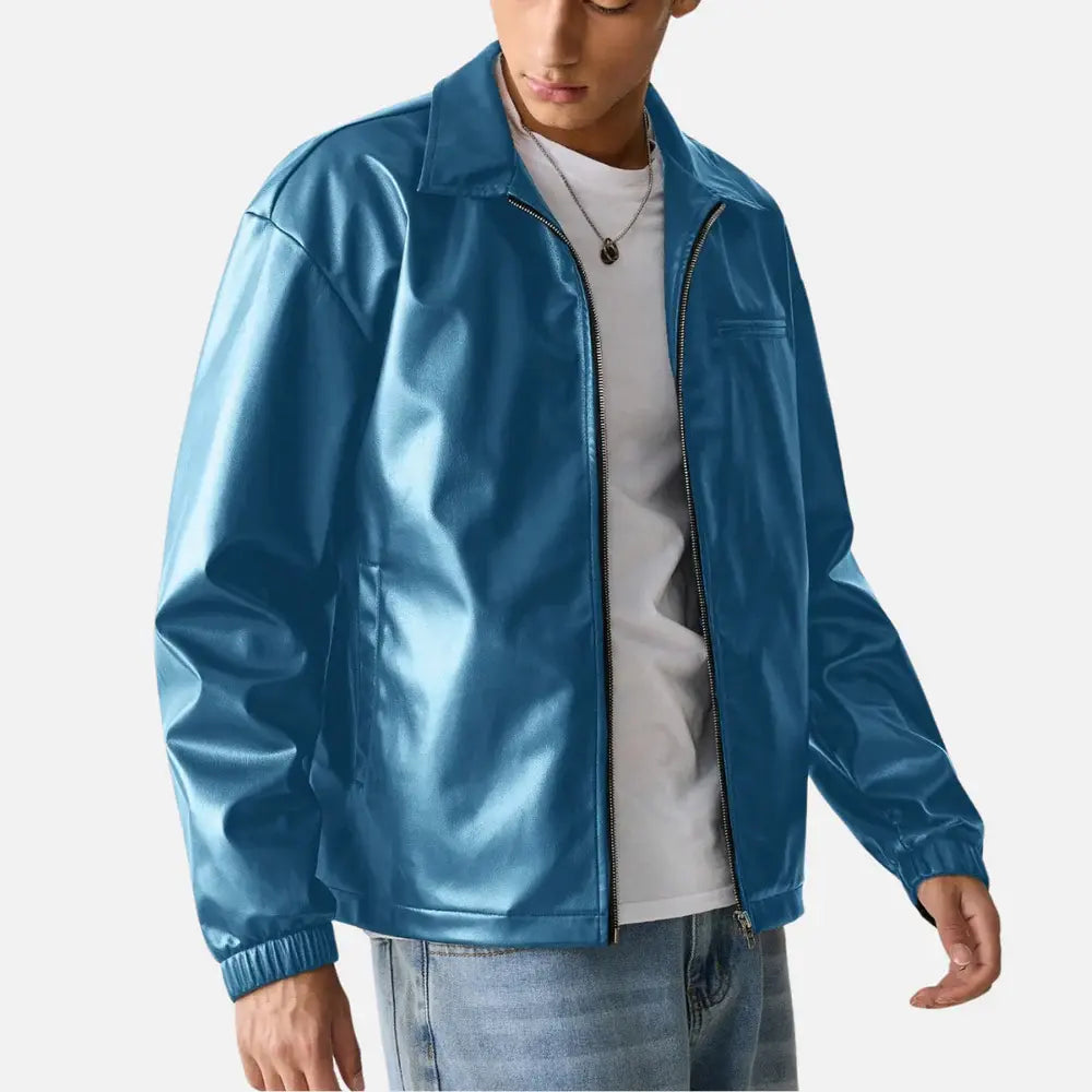 Jaqueta de Couro Masculina Marcanzzi MZ028: estilo contemporâneo, material sintético premium, design slim fit, zíper metálico, bolsos funcionais.