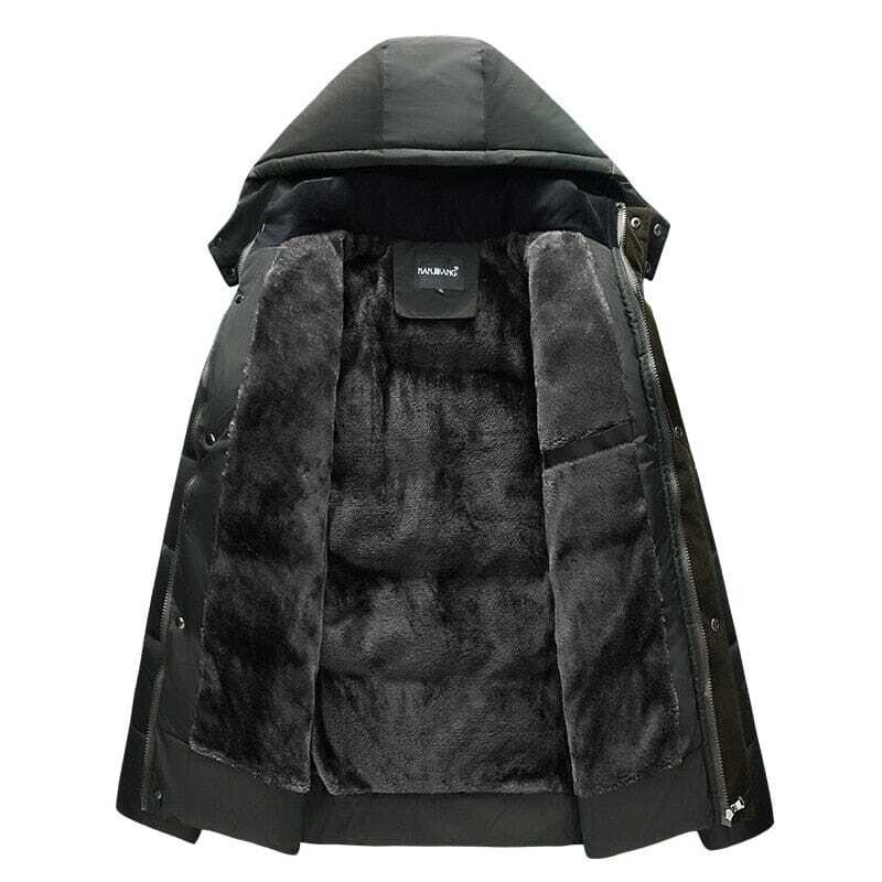 Jaqueta Masculina Inverno Warmcover Marcanzzi MZ025: tecido acolchoado, capuz removível, proteção térmica até -15°C, design moderno e ergonômico.