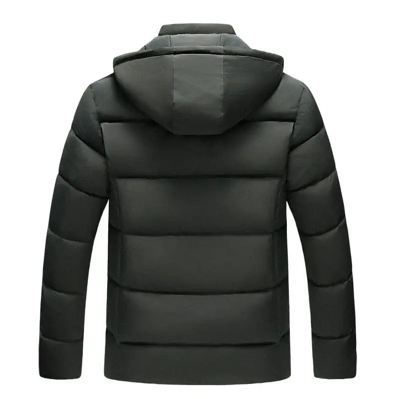 Jaqueta Masculina Inverno Warmcover Marcanzzi MZ025: tecido acolchoado, capuz removível, proteção térmica até -15°C, design moderno e ergonômico.