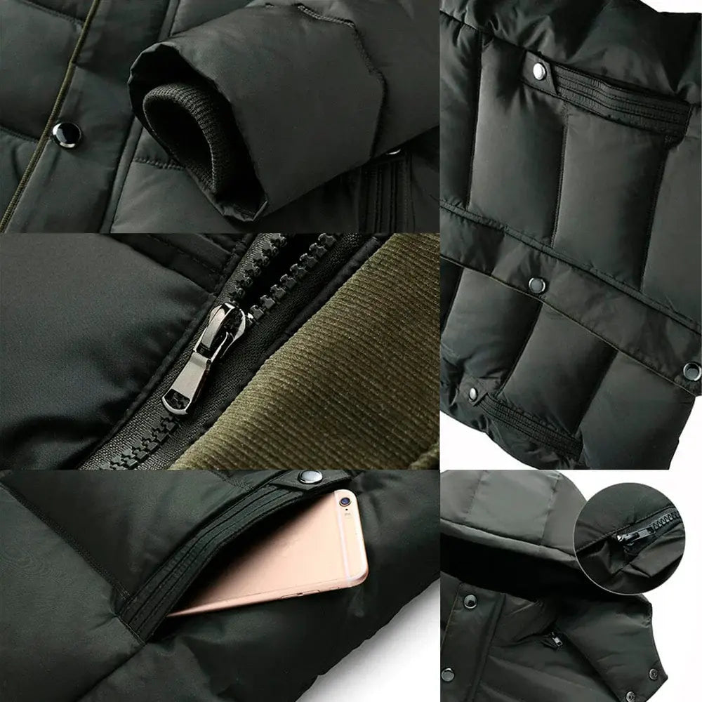 Jaqueta Masculina Inverno Warmcover Marcanzzi MZ025: tecido acolchoado, capuz removível, proteção térmica até -15°C, design moderno e ergonômico.