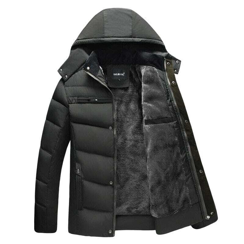 Jaqueta Masculina Inverno Warmcover Marcanzzi MZ025: tecido acolchoado, capuz removível, proteção térmica até -15°C, design moderno e ergonômico.