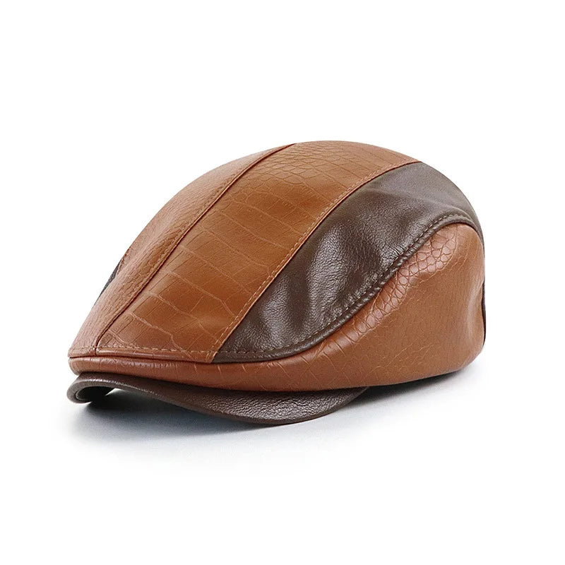 Boina Masculina de Couro Vintage Marcanzzi MZ273 em couro premium com design retrô, ajuste ergonômico e cores preta, marrom claro e marrom escuro.