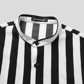 Camisa Manga Curta com Gola Padre Listrada Marcanzzi MZ567 em preto e branco, tecido leve, confortável e design moderno para diferentes estilos.