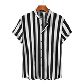 Camisa Manga Curta com Gola Padre Listrada Marcanzzi MZ567 em preto e branco, tecido leve, confortável e design moderno para diferentes estilos.