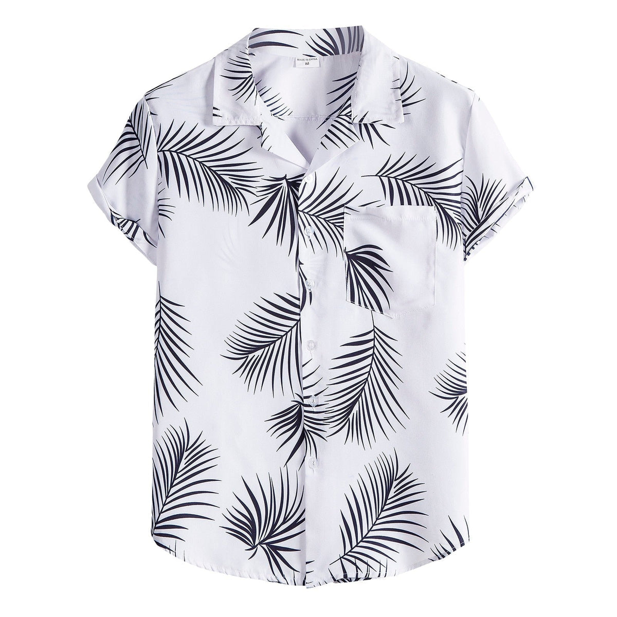 Camisa Manga Curta Marcanzzi Ipanema MZ579 branca com estampa tropical de folhas pretas, tecido leve e respirável, caimento confortável e moderno.