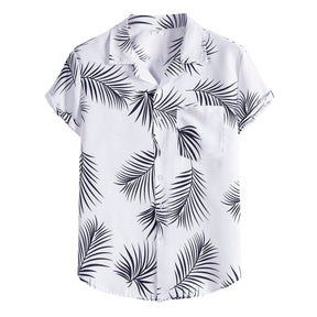 Camisa Manga Curta Marcanzzi Ipanema MZ579 branca com estampa tropical de folhas pretas, tecido leve e respirável, caimento confortável e moderno.