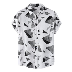 Camisa Manga Curta Marcanzzi Siena MZ588 em preto e branco com estampa geométrica, tecido leve e confortável, estilo moderno e versátil.