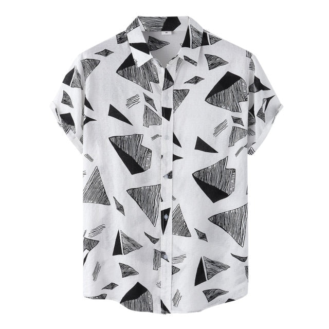 Camisa Manga Curta Marcanzzi Siena MZ588 em preto e branco com estampa geométrica, tecido leve e confortável, estilo moderno e versátil.
