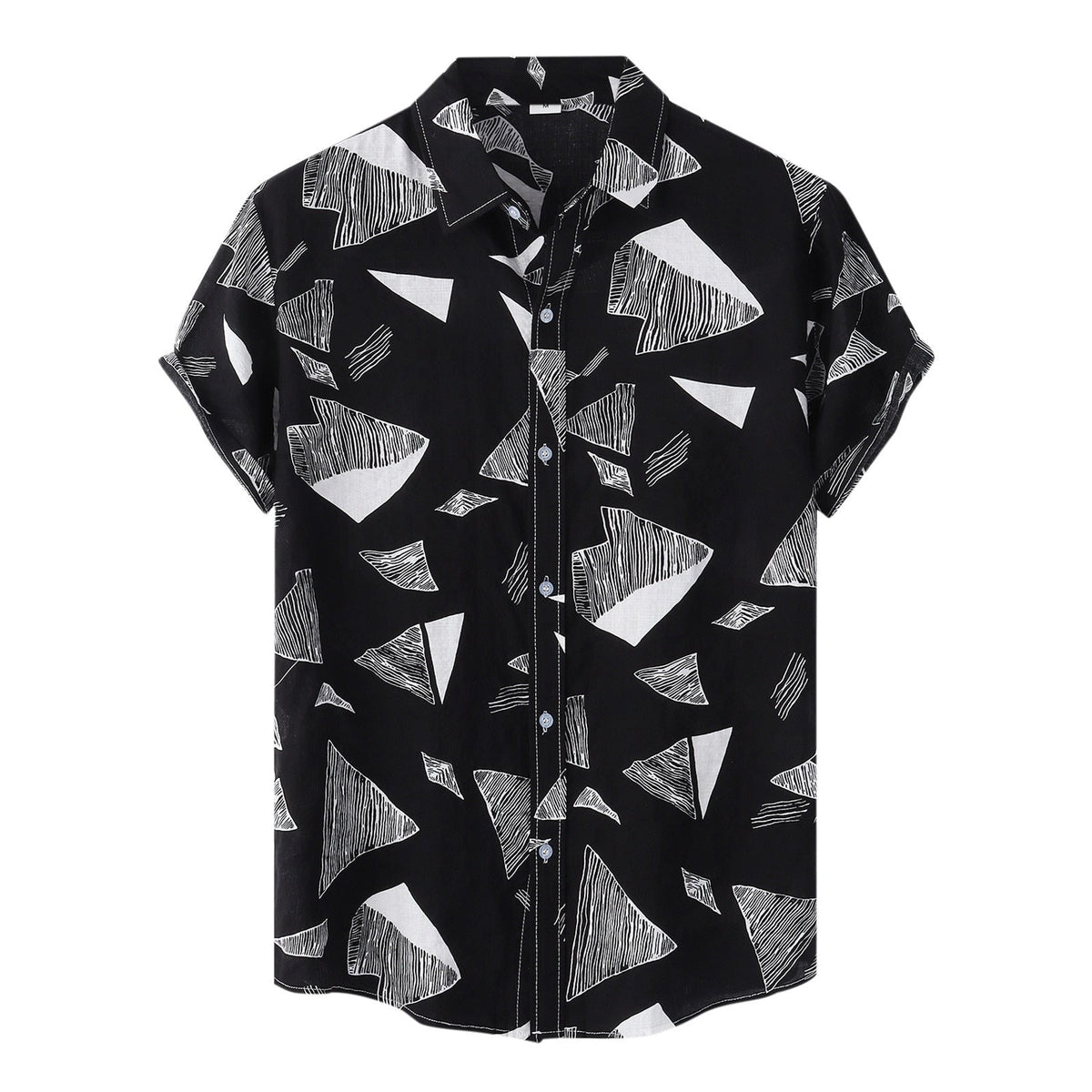 Camisa Manga Curta Marcanzzi Siena MZ588 em preto e branco com estampa geométrica, tecido leve e confortável, estilo moderno e versátil.