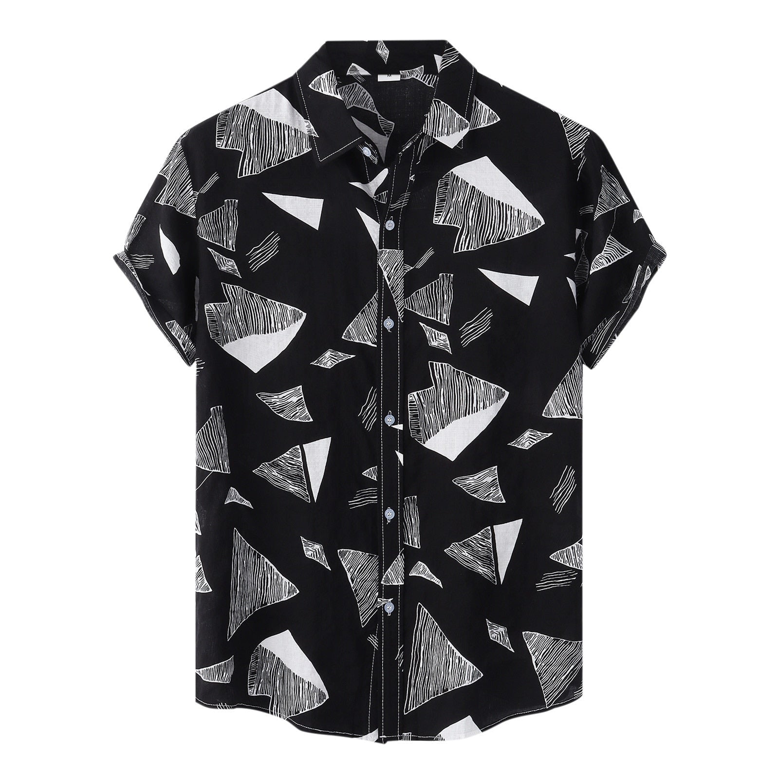 Camisa Manga Curta Marcanzzi Siena MZ588 em preto e branco com estampa geométrica, tecido leve e confortável, estilo moderno e versátil.
