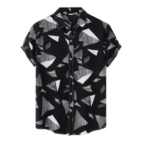Camisa Manga Curta Marcanzzi Siena MZ588 em preto e branco com estampa geométrica, tecido leve e confortável, estilo moderno e versátil.