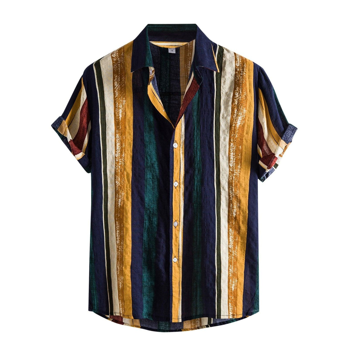 Camisa Manga Curta Marcanzzi Vintage MZ592 com listras em azul, amarelo e bege, tecido leve, caimento confortável e design retrô versátil.