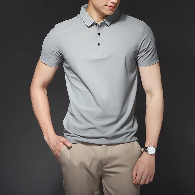 Camisa Polo Masculina Seda Gelo Marcanzzi MZ013 com tecido antitranspirante, não amassa, toque suave, ideal para estilo e conforto em qualquer ocasião.