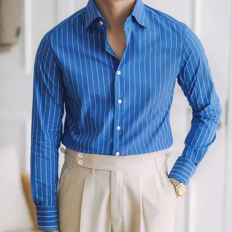 Camisa Social Listrada Masculina Marcanzzi MZ084, slim fit, algodão premium, toque suave, respirável, ideal para trabalho e eventos, durável e elegante.