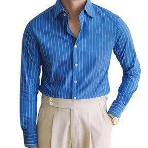 Camisa Social Listrada Masculina Marcanzzi MZ084, slim fit, algodão premium, toque suave, respirável, ideal para trabalho e eventos, durável e elegante.