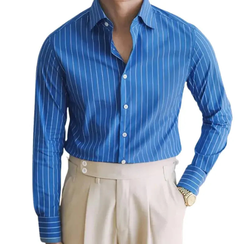 Camisa Social Listrada Masculina Marcanzzi MZ084, slim fit, algodão premium, toque suave, respirável, ideal para trabalho e eventos, durável e elegante.