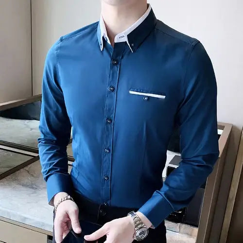 Camisa Social Masculina Marcanzzi MZ017: elegância e conforto com modelagem slim fit. Tecido premium de algodão e poliéster para leveza e durabilidade.