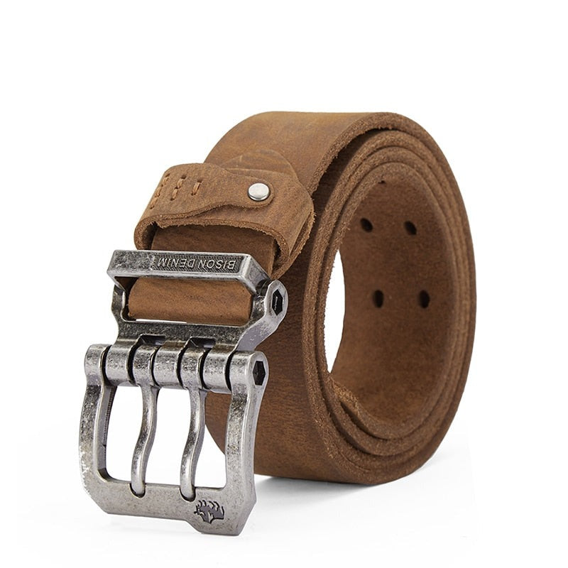 Cinto Masculino de Couro Romenzi Denim RZ459 artesanal com couro de bison e fivela metálica, perfeito para looks casuais ou sociais com estilo.