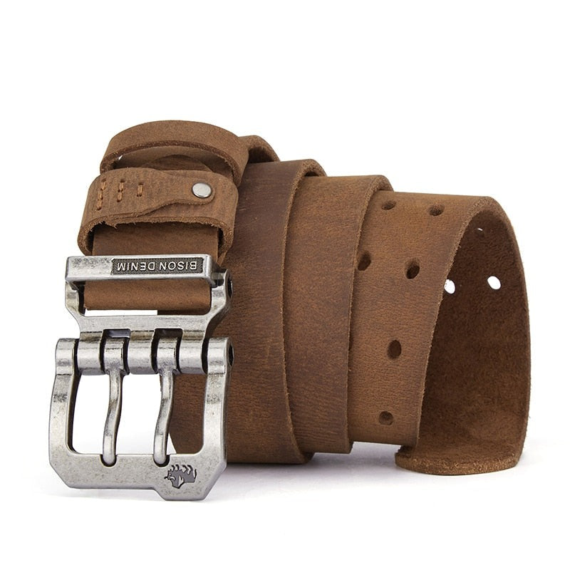 Cinto Masculino de Couro Romenzi Denim RZ459 artesanal com couro de bison e fivela metálica, perfeito para looks casuais ou sociais com estilo.