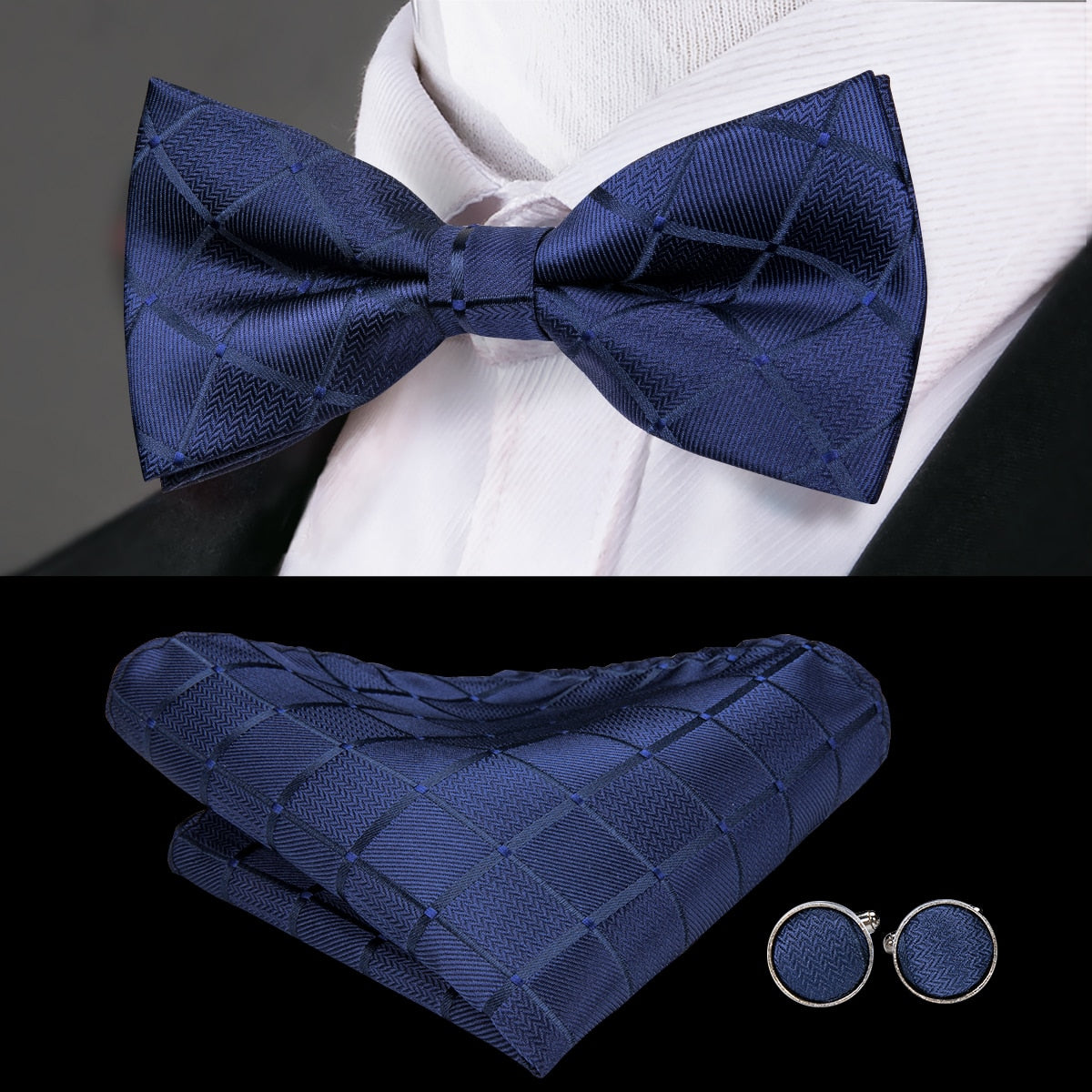 Gravata Borboleta Estampada Marcanzzi MZ452 com design exclusivo, nó pronto, abotoaduras e lenço para elegância e destaque em ocasiões formais.
