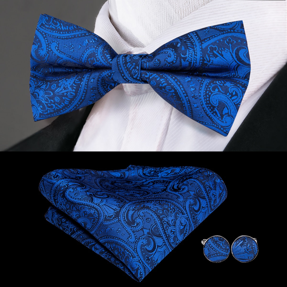 Gravata Borboleta Estampada Marcanzzi MZ452 com design exclusivo, nó pronto, abotoaduras e lenço para elegância e destaque em ocasiões formais.