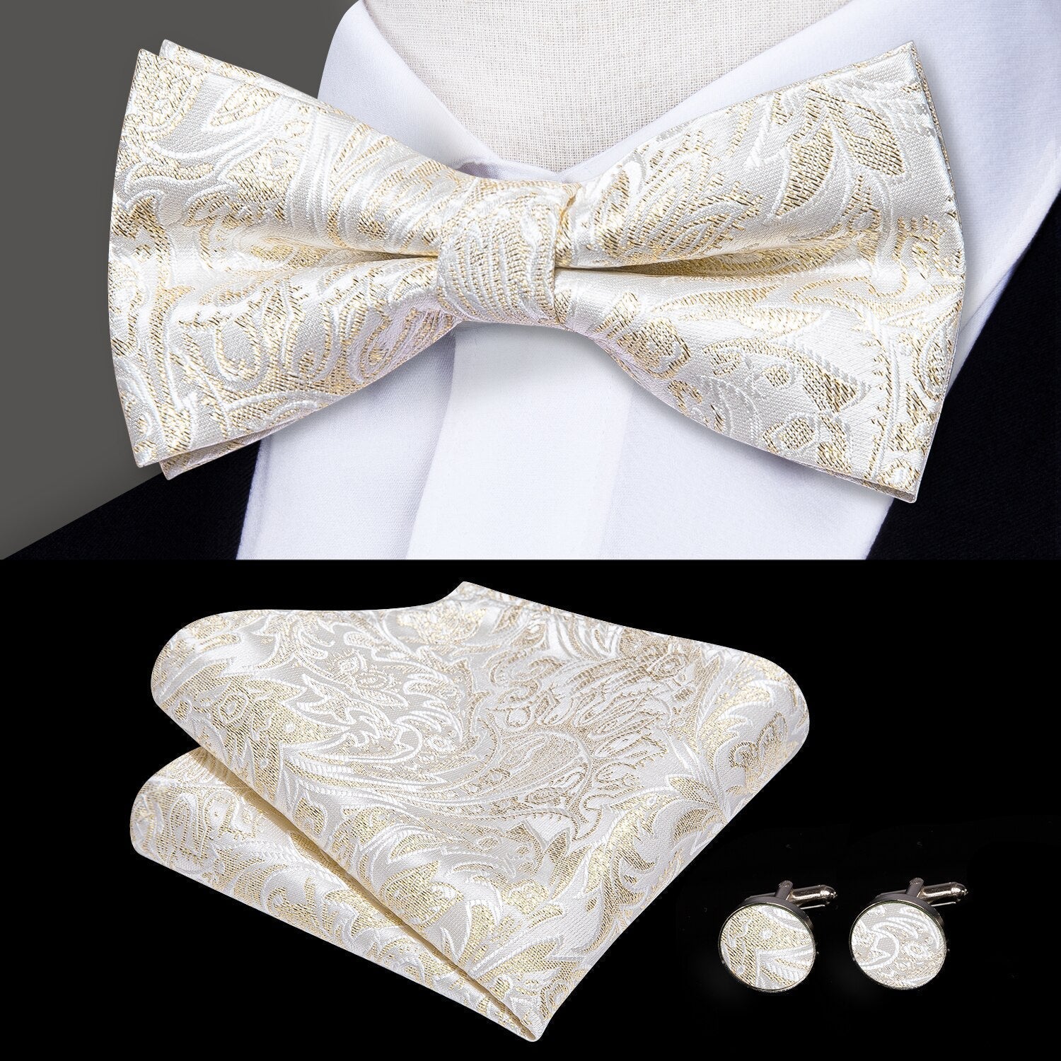 Gravata Borboleta Estampada Marcanzzi MZ452 com design exclusivo, nó pronto, abotoaduras e lenço para elegância e destaque em ocasiões formais.