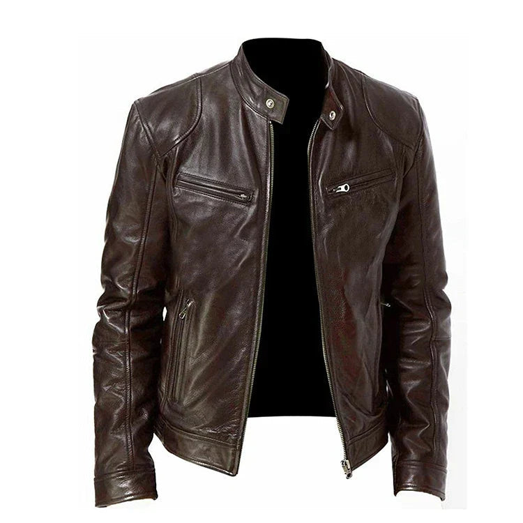 Jaqueta de Couro Masculina Racer Marcanzzi MZ163 em couro legítimo, design moderno inspirado no estilo racer, caimento confortável e acabamento sofisticado.