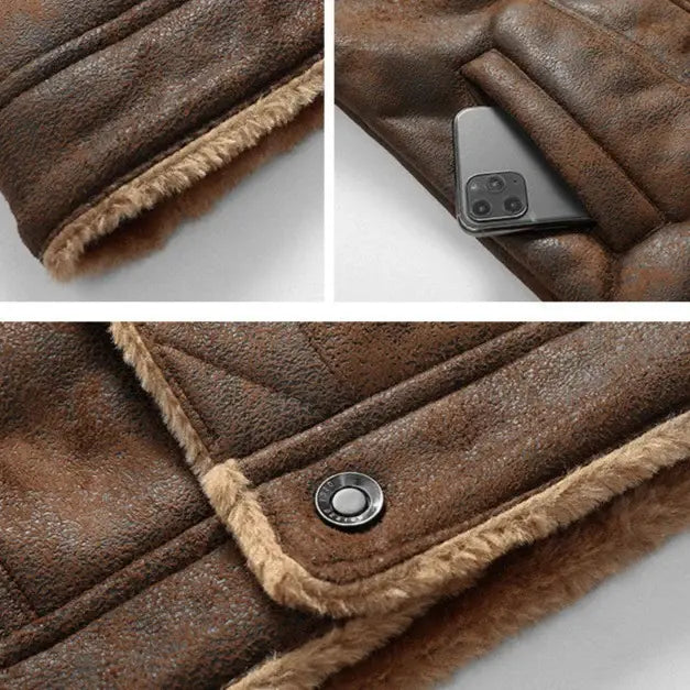 Jaqueta Masculina de Couro Marcanzzi Harbe MZ119 feita em couro legítimo, com interior em veludo e costuras reforçadas para elegância e durabilidade.