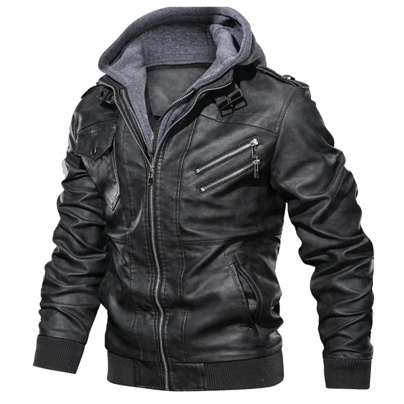 Jaqueta Masculina de Couro Original Marcanzzi MZ125 em couro legítimo, com capuz removível, costuras reforçadas e interior macio para durabilidade e elegância.