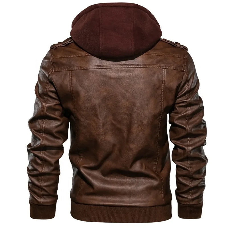 Jaqueta Masculina de Couro Original Marcanzzi MZ125 em couro legítimo, com capuz removível, costuras reforçadas e interior macio para durabilidade e elegância.