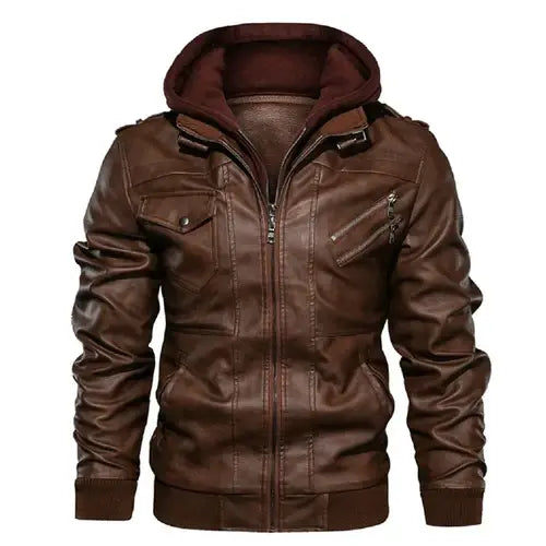 Jaqueta Masculina de Couro Original Marcanzzi MZ125 em couro legítimo, com capuz removível, costuras reforçadas e interior macio para durabilidade e elegância.