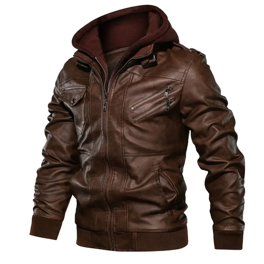 Jaqueta Masculina de Couro Original Marcanzzi MZ125 em couro legítimo, com capuz removível, costuras reforçadas e interior macio para durabilidade e elegância.