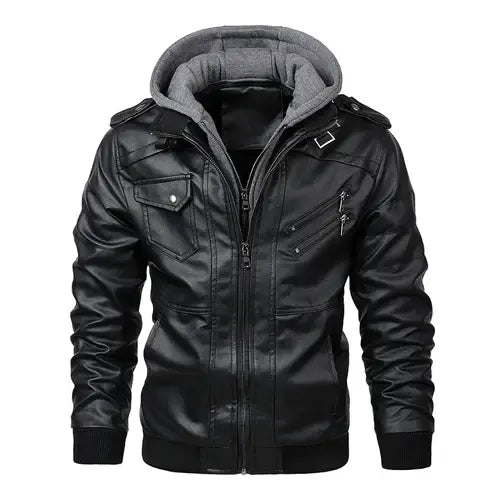 Jaqueta Masculina de Couro Original Marcanzzi MZ125 em couro legítimo, com capuz removível, costuras reforçadas e interior macio para durabilidade e elegância.