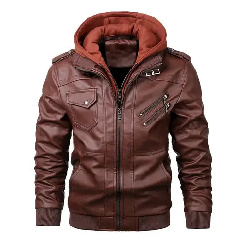 Jaqueta Masculina de Couro Original Marcanzzi MZ125 em couro legítimo, com capuz removível, costuras reforçadas e interior macio para durabilidade e elegância.