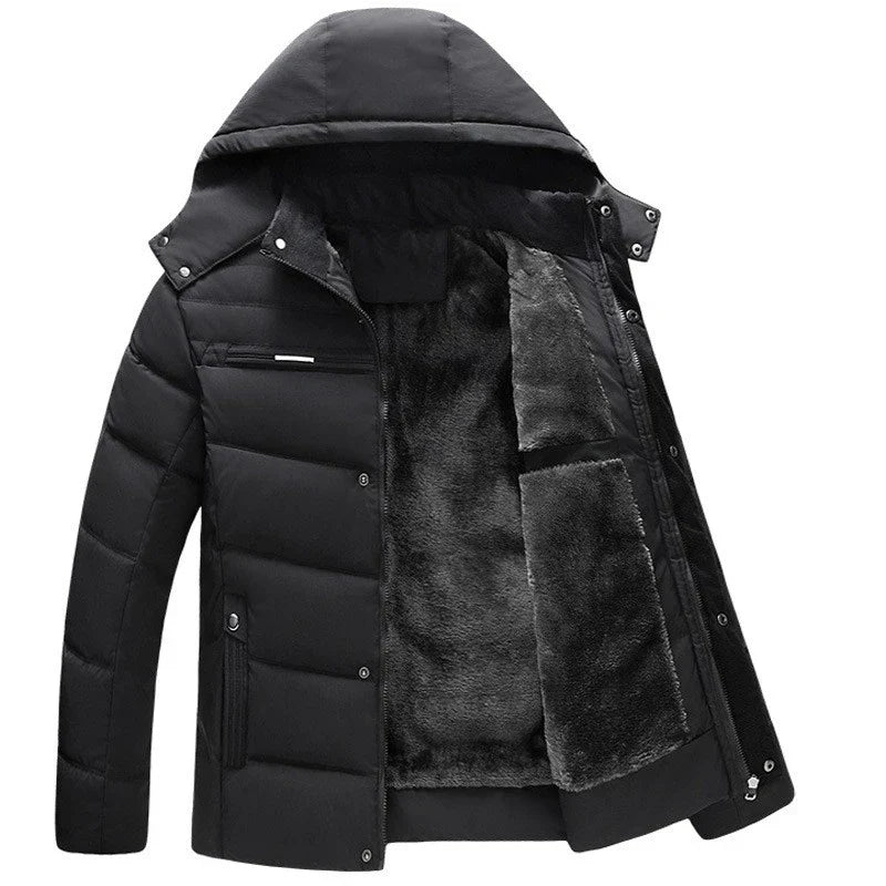 Jaqueta Masculina Inverno Warmcover Marcanzzi MZ025: tecido acolchoado, capuz removível, proteção térmica até -15°C, design moderno e ergonômico.