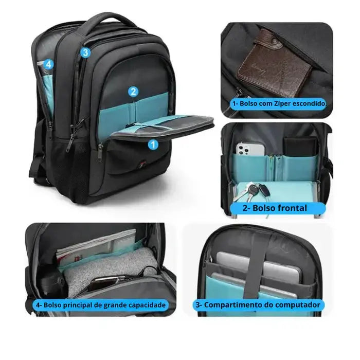 Mochila Executiva Marcanzzi MZ348 em Oxford impermeável com porta USB, alças ergonômicas e compartimentos para notebook 17”, tablet e acessórios