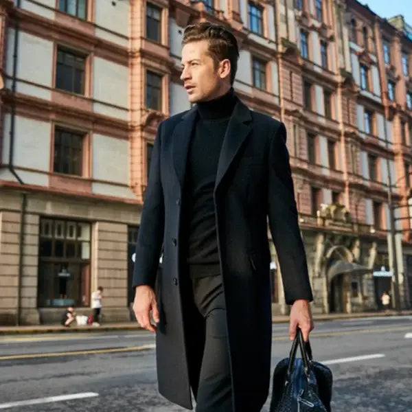 Sobretudo Longo de Lã Masculino Marcanzzi MZ097: luxo e sofisticação, design exclusivo, costuras reforçadas, tecido leve, conforto, resistente e durável.