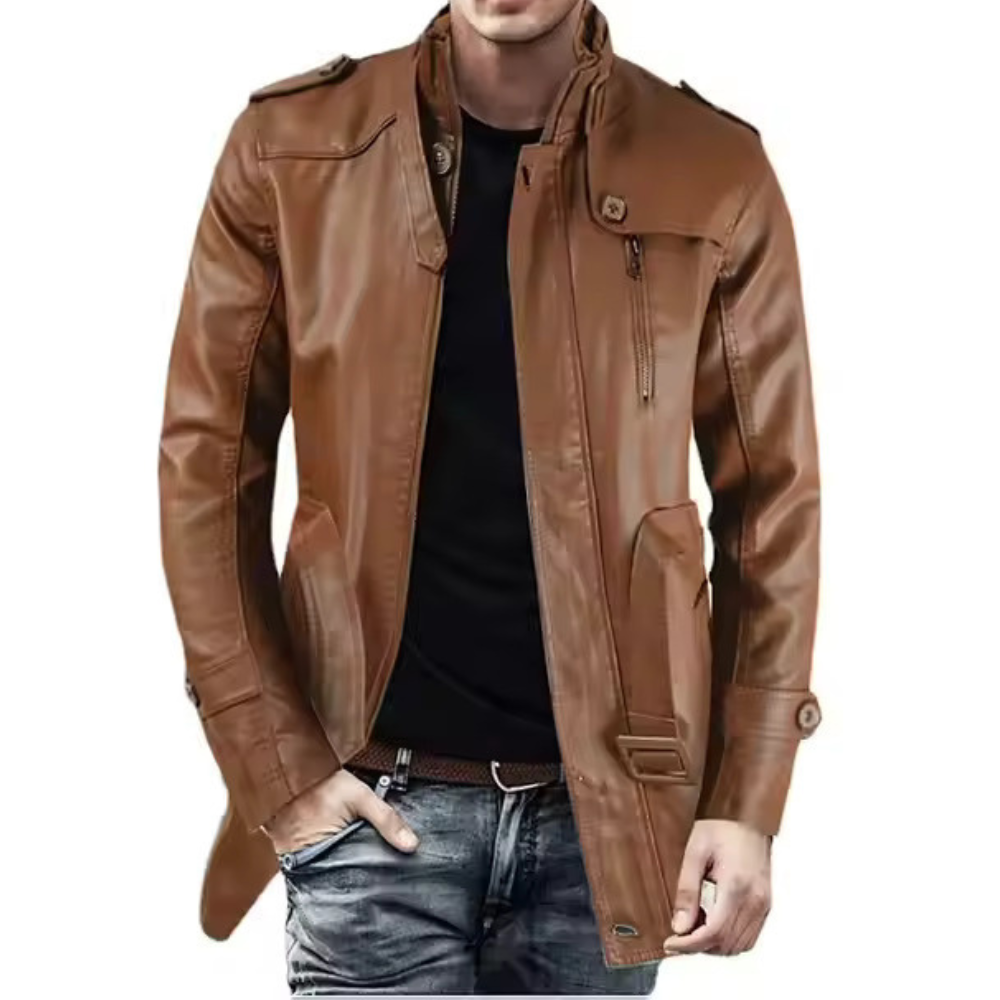 Sobretudo Masculino de Couro Marcanzzi MZ096: elegância e proteção com couro premium, design exclusivo, interior aquecido e resistência a rasgos.