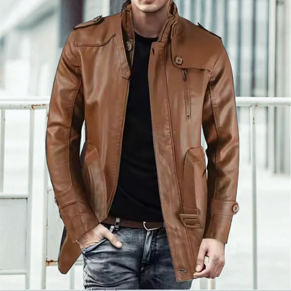 Sobretudo Masculino de Couro Marcanzzi MZ096: elegância e proteção com couro premium, design exclusivo, interior aquecido e resistência a rasgos.